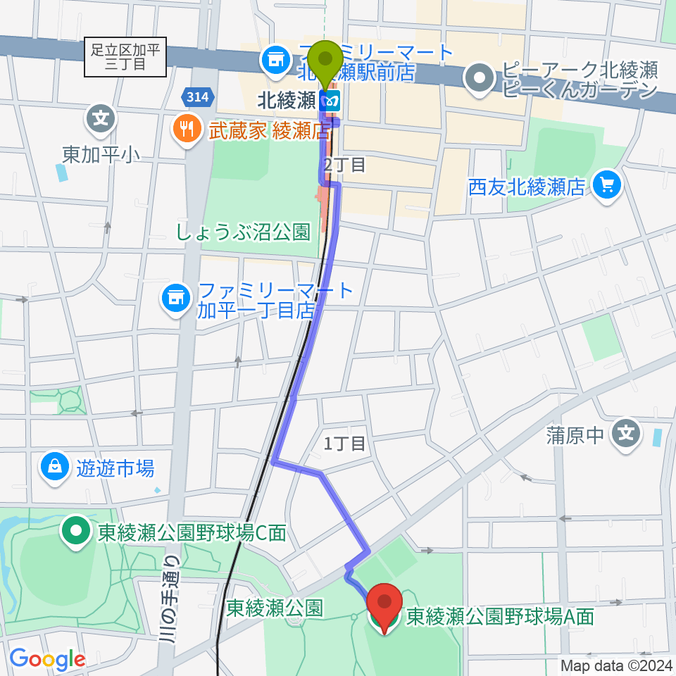 東綾瀬公園野球場の最寄駅北綾瀬駅からの徒歩ルート（約12分）地図