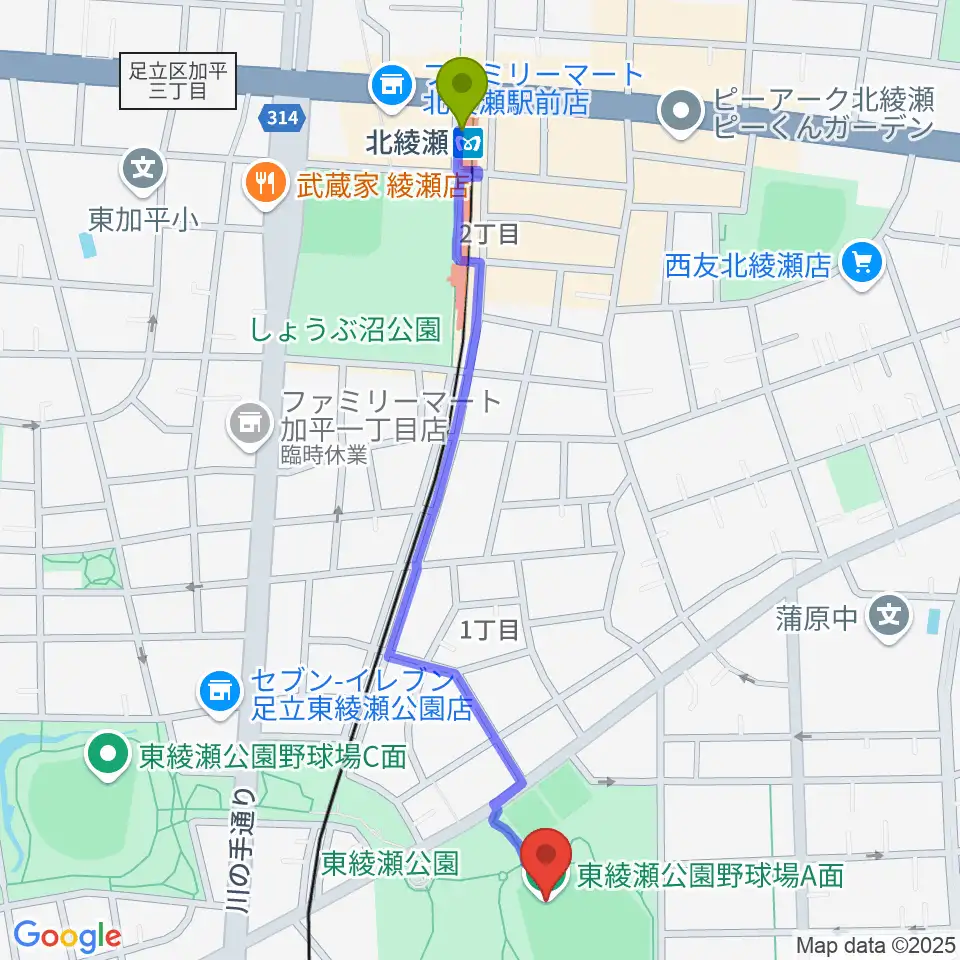 東綾瀬公園野球場の最寄駅北綾瀬駅からの徒歩ルート（約12分）地図