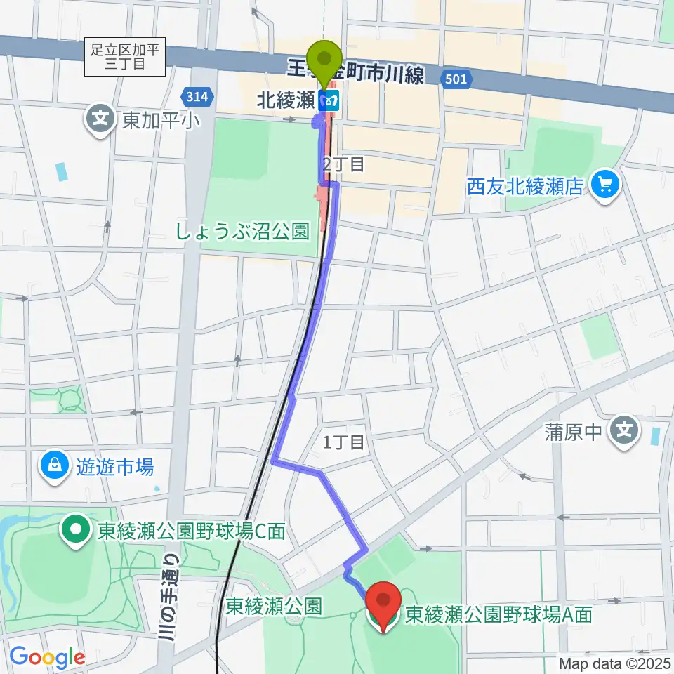 東綾瀬公園野球場の最寄駅北綾瀬駅からの徒歩ルート（約12分）地図