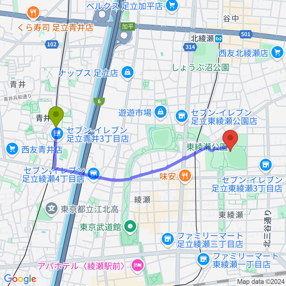 青井駅から東綾瀬公園野球場へのルートマップ地図