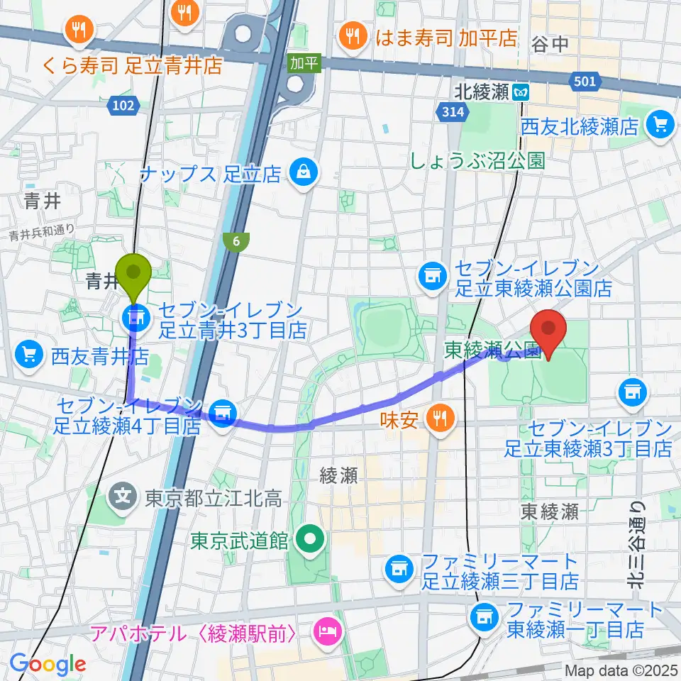 青井駅から東綾瀬公園野球場へのルートマップ地図