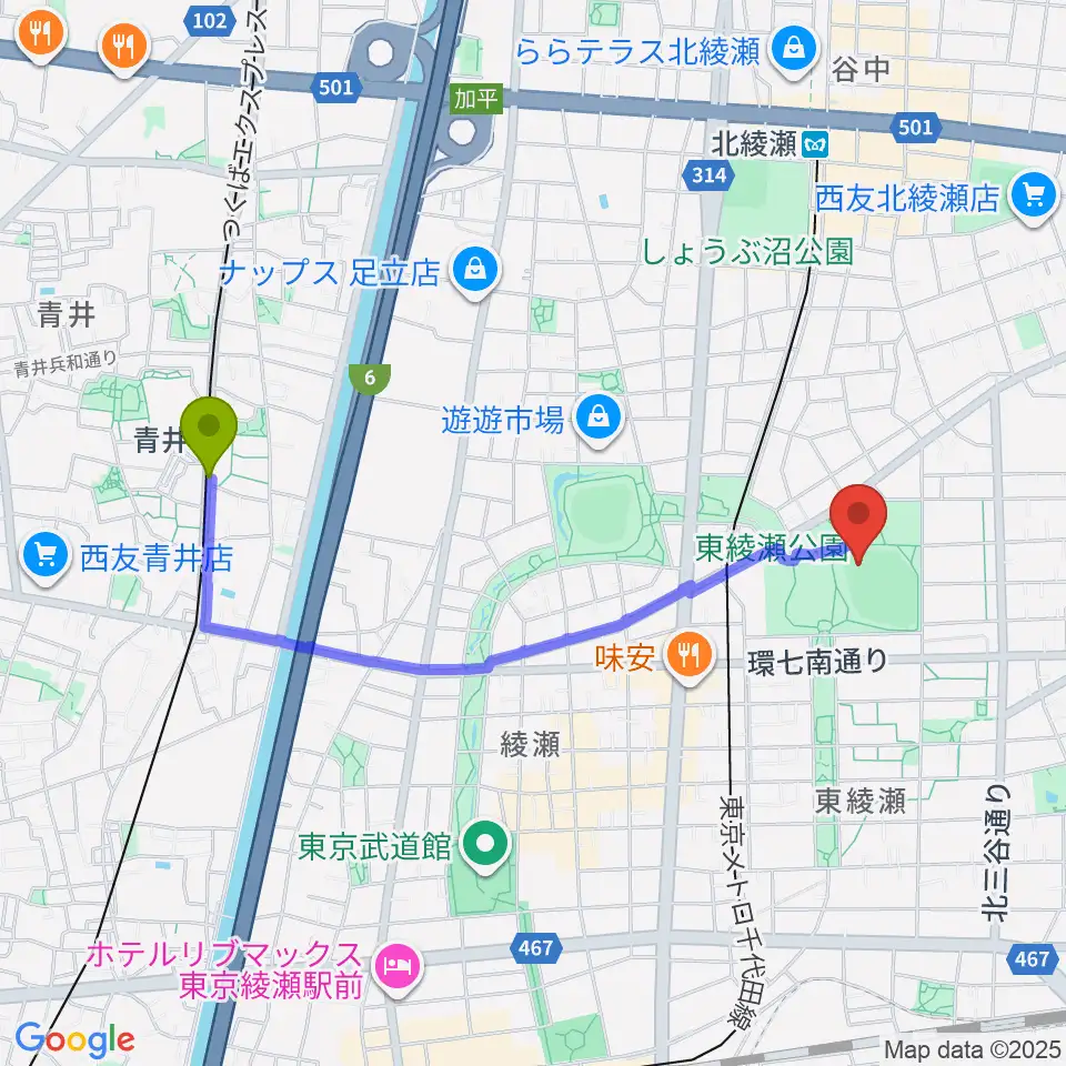 青井駅から東綾瀬公園野球場へのルートマップ地図