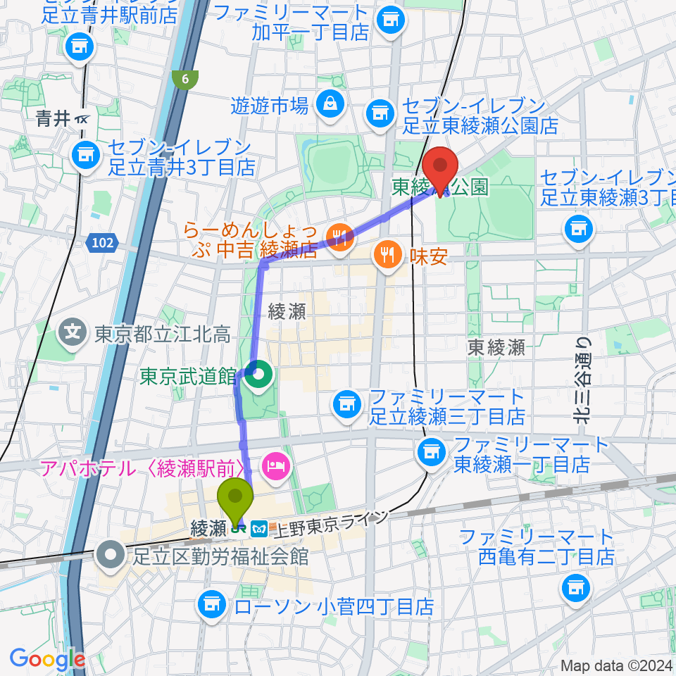 綾瀬駅から東綾瀬公園温水プールへのルートマップ地図