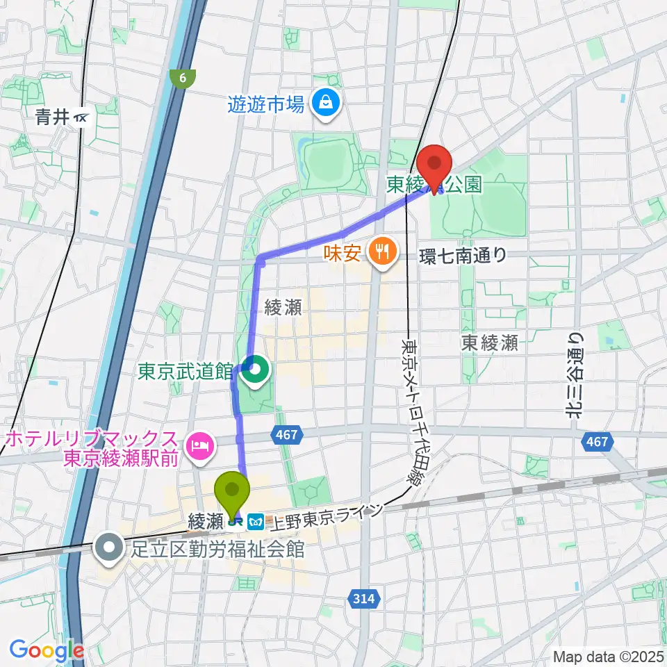 綾瀬駅から東綾瀬公園温水プールへのルートマップ地図
