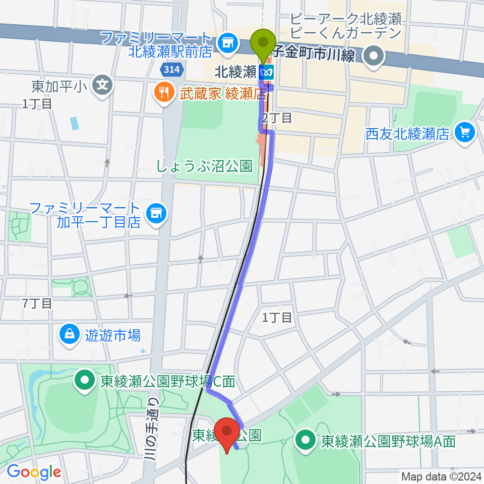 東綾瀬公園温水プールの最寄駅北綾瀬駅からの徒歩ルート（約12分）地図