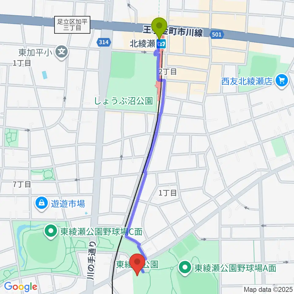 東綾瀬公園温水プールの最寄駅北綾瀬駅からの徒歩ルート（約12分）地図