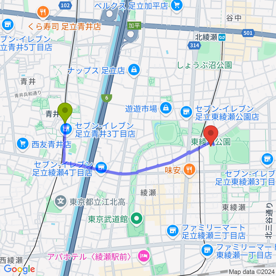 青井駅から東綾瀬公園温水プールへのルートマップ地図