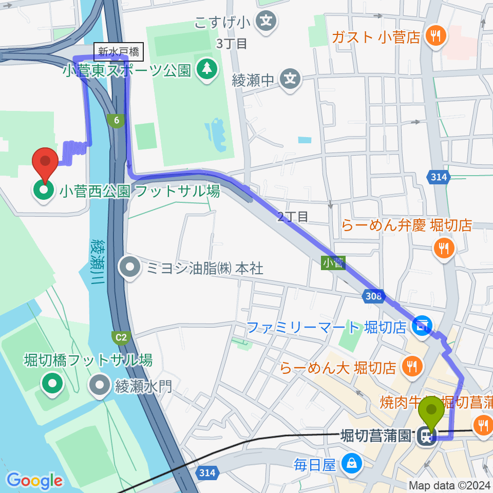 小菅西公園フットサル場の最寄駅堀切菖蒲園駅からの徒歩ルート（約14分）地図