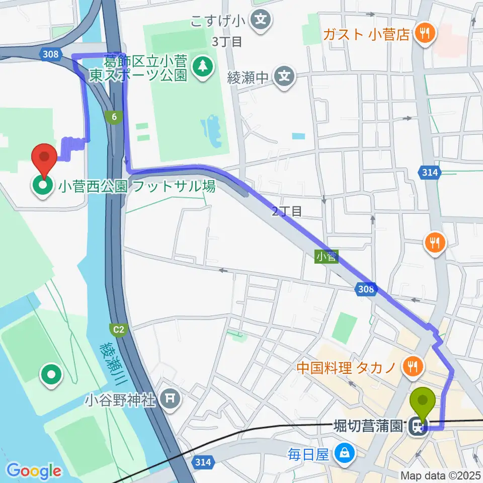 小菅西公園フットサル場の最寄駅堀切菖蒲園駅からの徒歩ルート（約14分）地図
