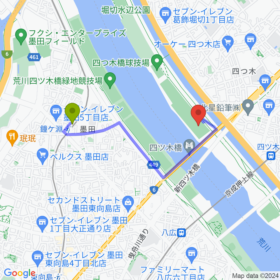 鐘ヶ淵駅から四つ木橋野球場へのルートマップ地図