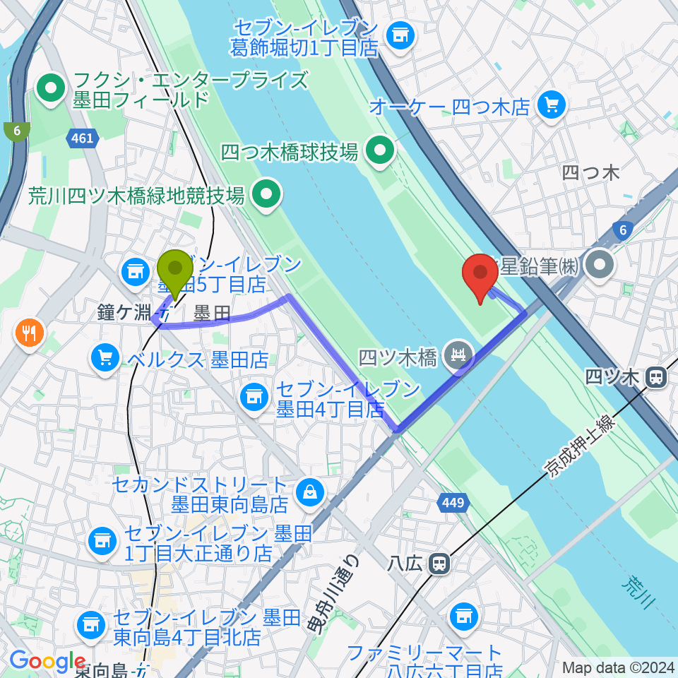 鐘ヶ淵駅から四つ木橋野球場へのルートマップ地図