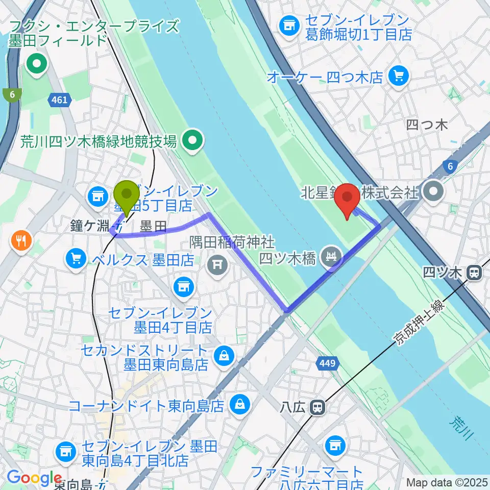 鐘ヶ淵駅から四つ木橋野球場へのルートマップ地図