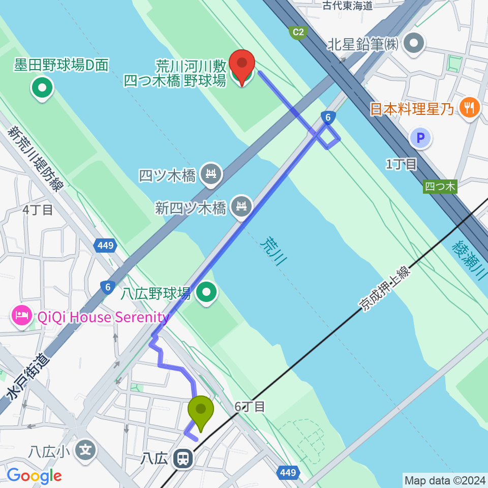 八広駅から四つ木橋野球場へのルートマップ地図