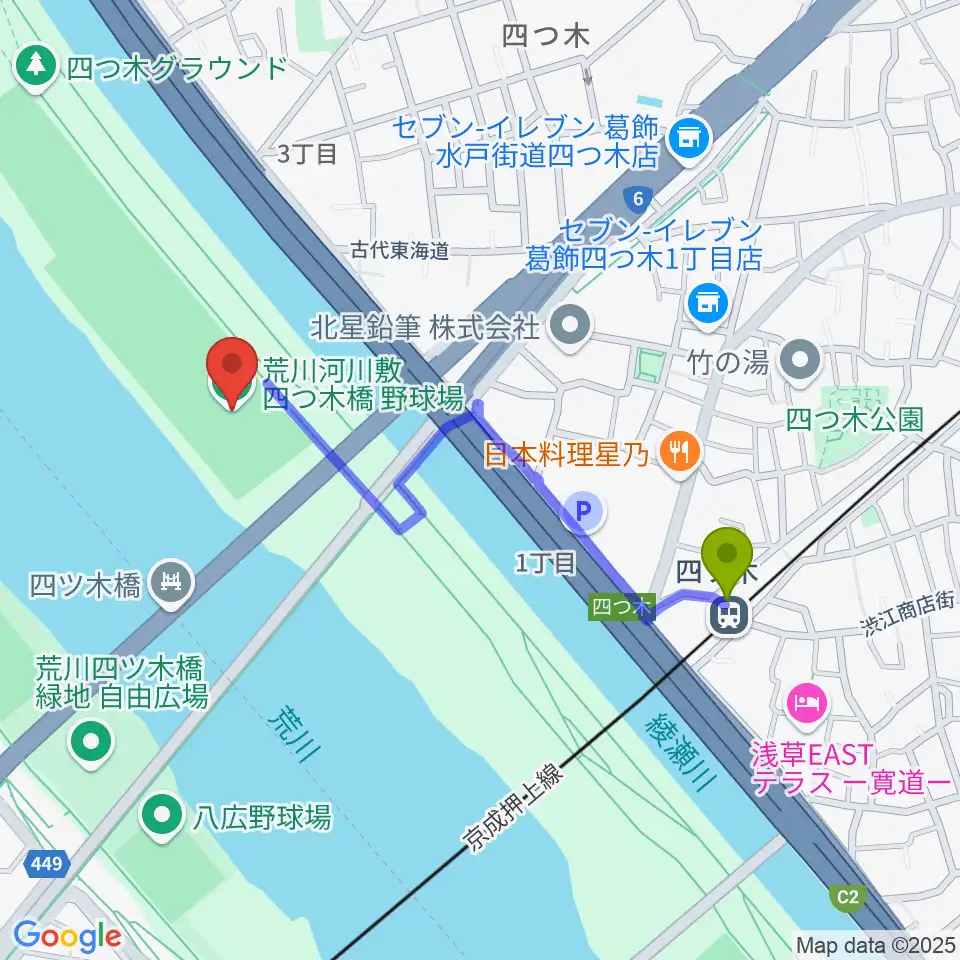 四つ木橋野球場の最寄駅四ツ木駅からの徒歩ルート（約9分）地図