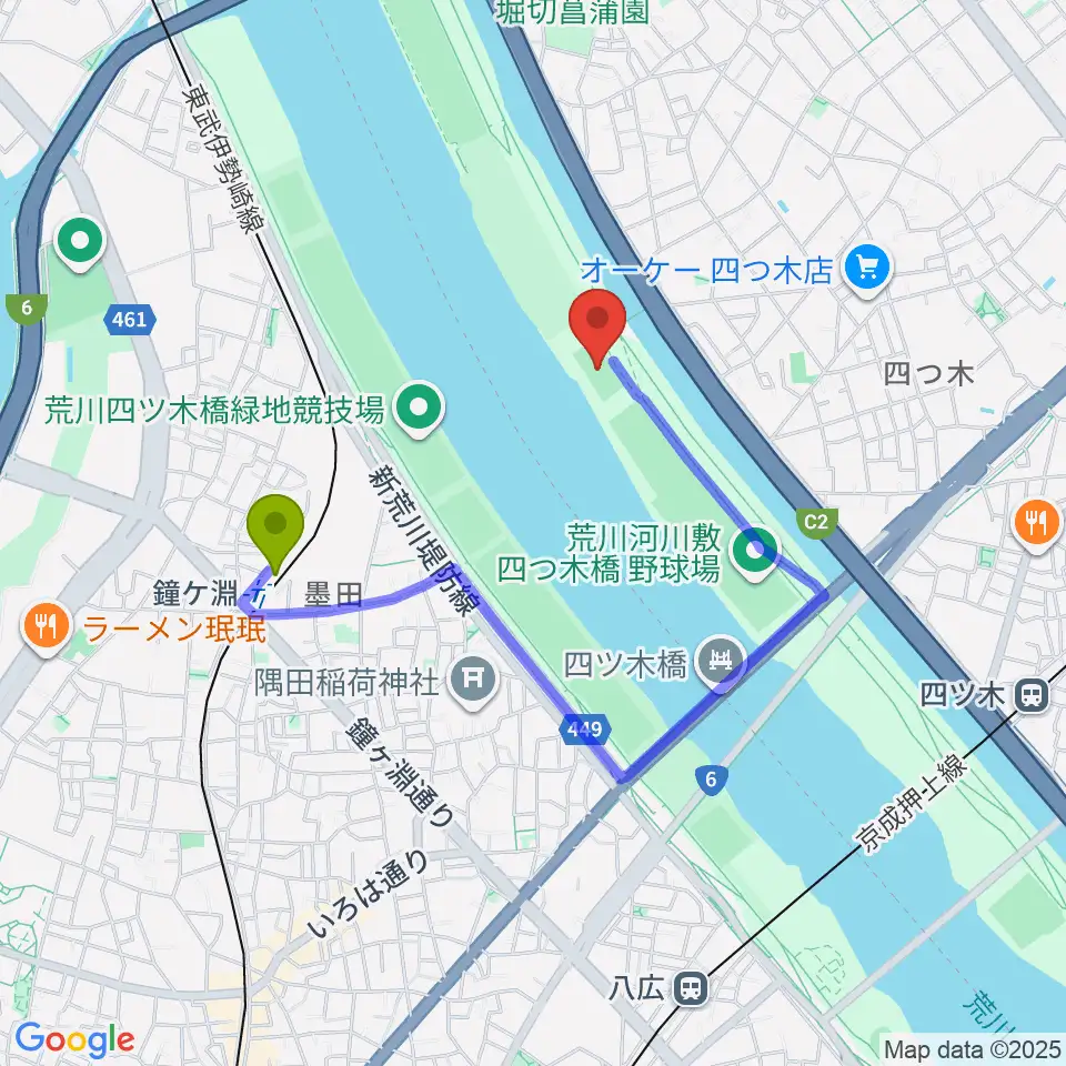 四つ木橋球技場の最寄駅鐘ヶ淵駅からの徒歩ルート（約11分）地図