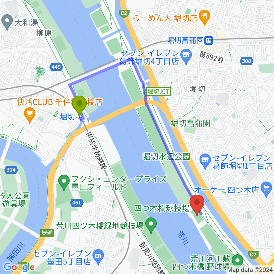 堀切駅から四つ木橋球技場へのルートマップ地図
