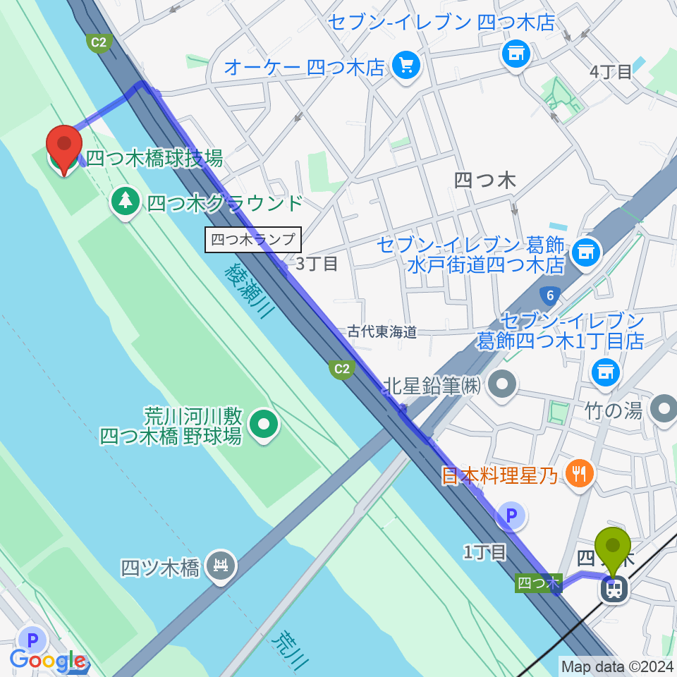 四ツ木駅から四つ木橋球技場へのルートマップ地図