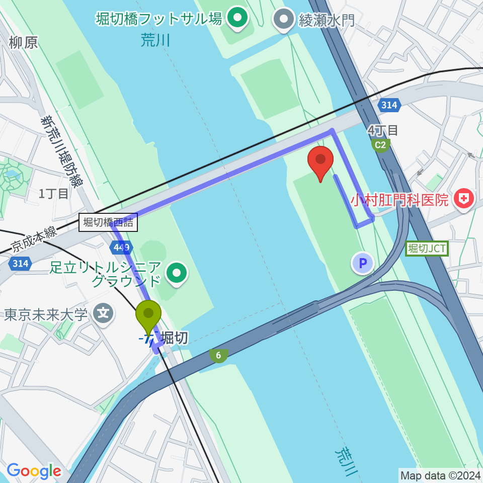 堀切橋少年野球場の最寄駅堀切駅からの徒歩ルート（約7分）地図