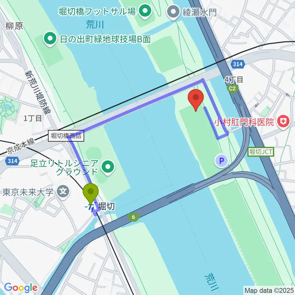 堀切橋少年野球場の最寄駅堀切駅からの徒歩ルート（約7分）地図