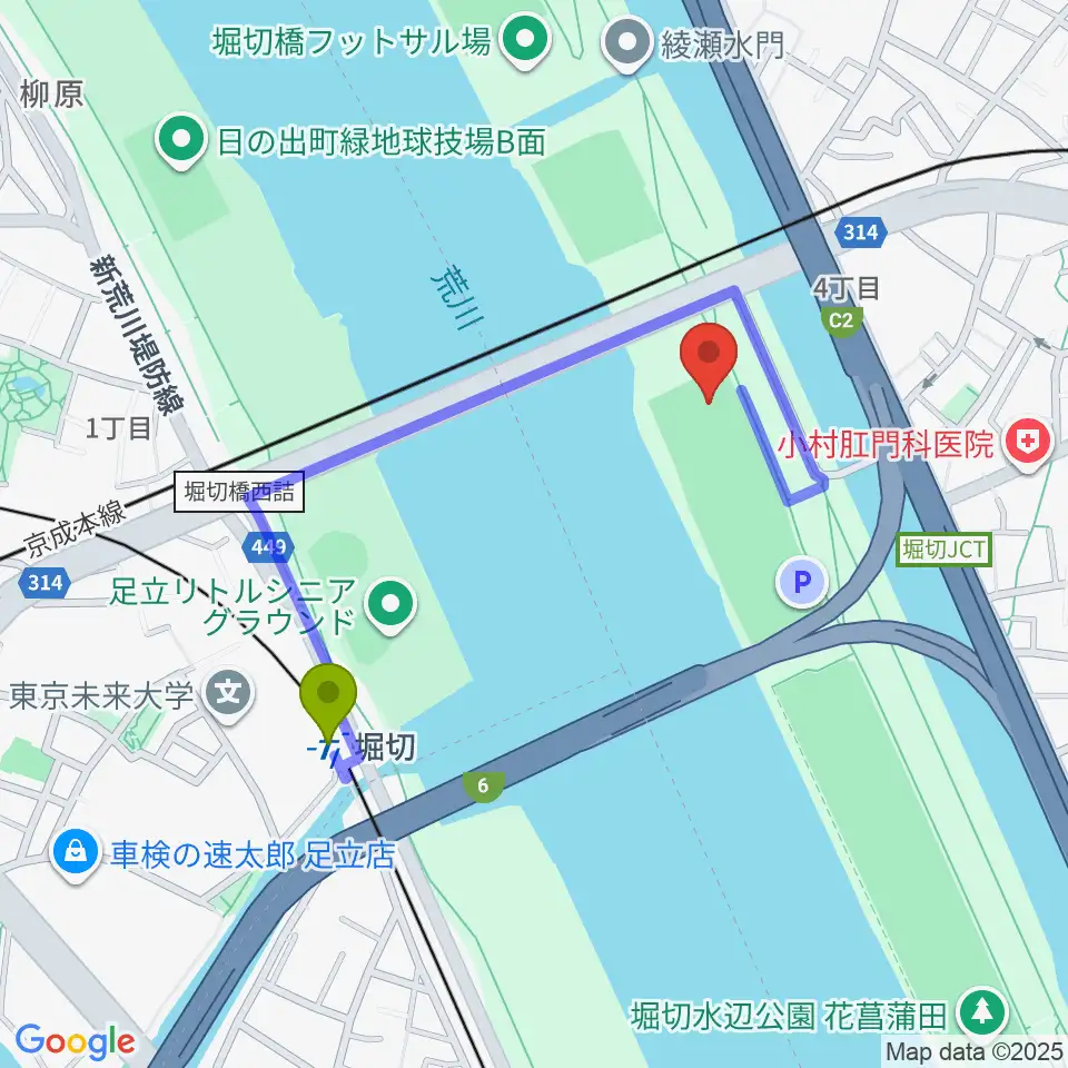 堀切橋少年野球場の最寄駅堀切駅からの徒歩ルート（約7分）地図