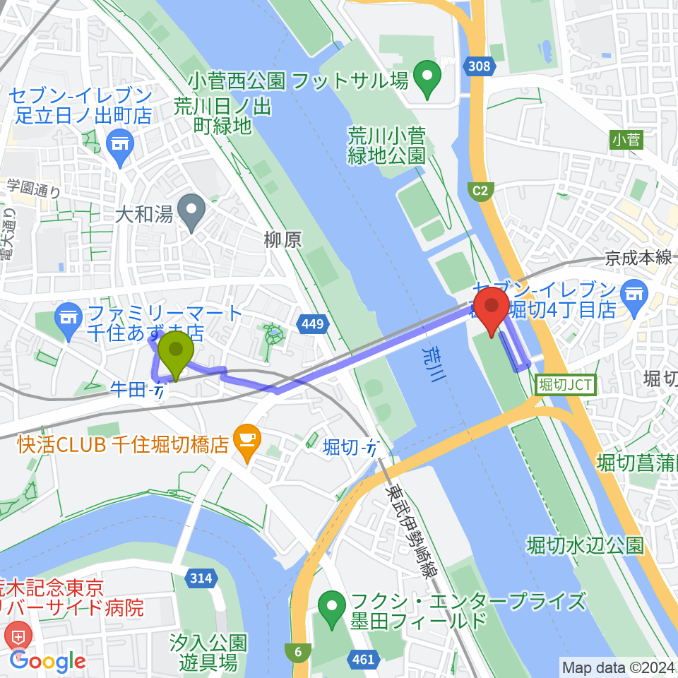 牛田駅から堀切橋少年野球場へのルートマップ地図