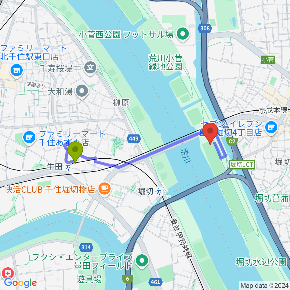 牛田駅から堀切橋少年野球場へのルートマップ地図