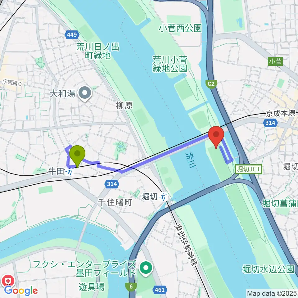 牛田駅から堀切橋少年野球場へのルートマップ地図