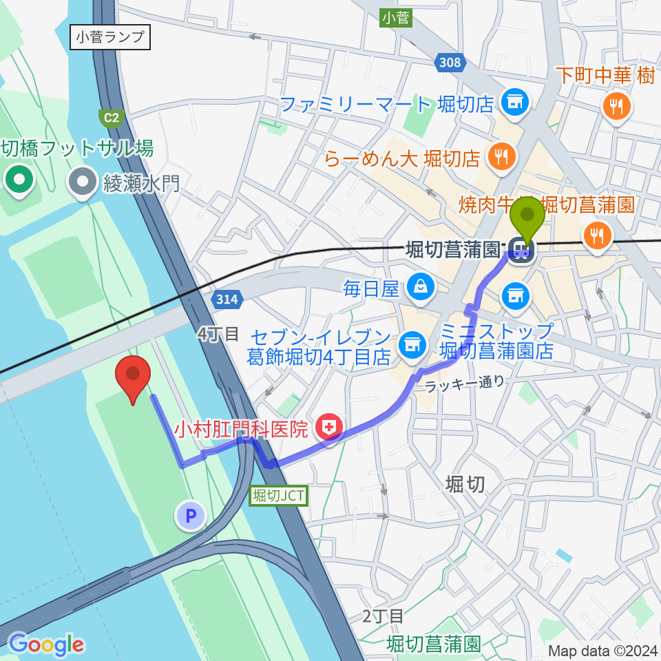 堀切菖蒲園駅から堀切橋少年野球場へのルートマップ地図