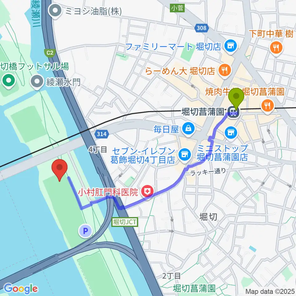 堀切菖蒲園駅から堀切橋少年野球場へのルートマップ地図