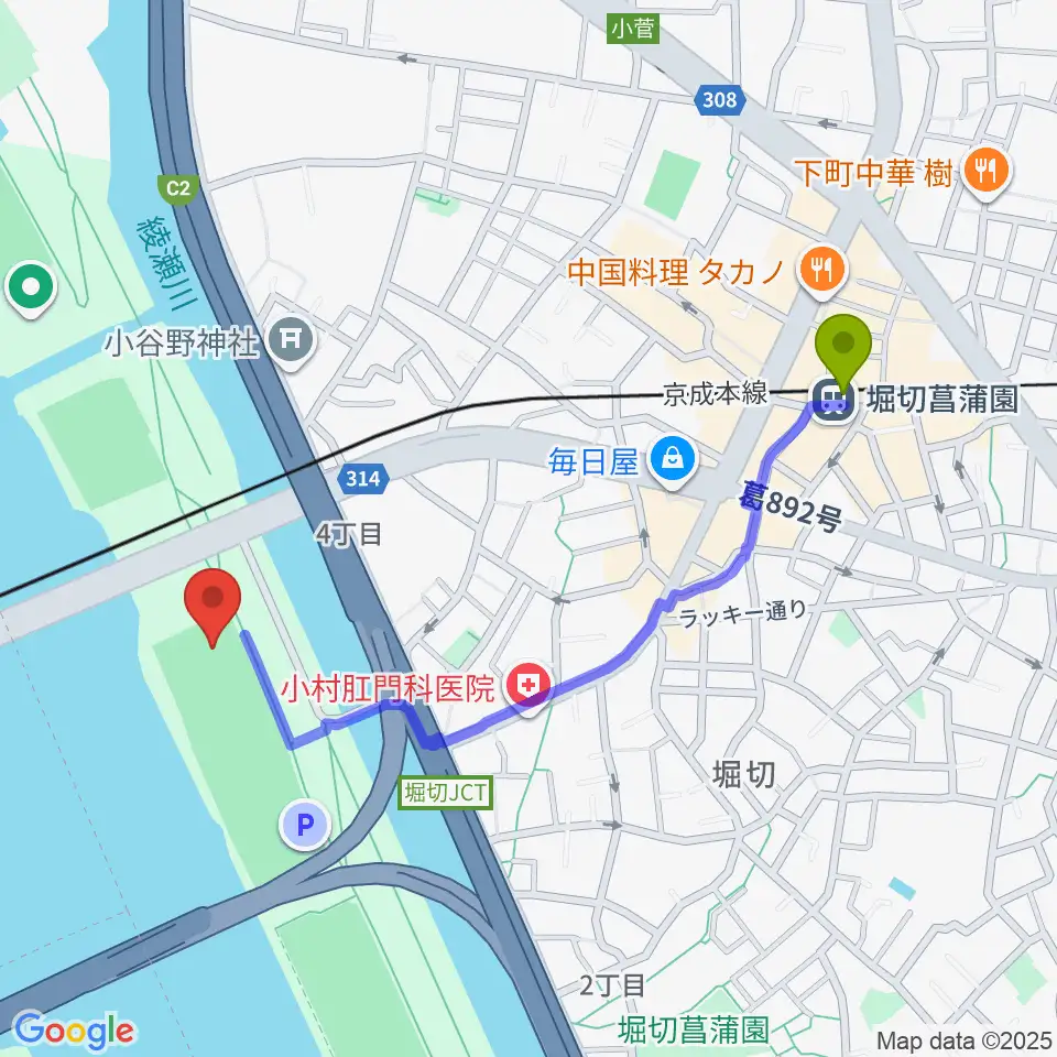 堀切菖蒲園駅から堀切橋少年野球場へのルートマップ地図