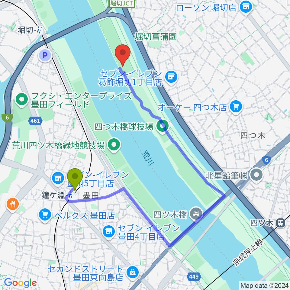 鐘ヶ淵駅から堀切橋少年ソフトボール場へのルートマップ地図