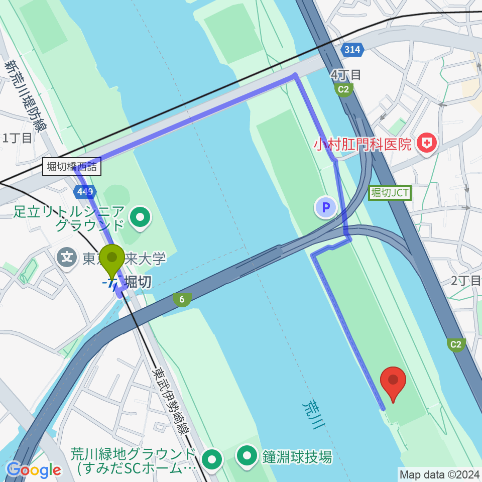 堀切橋少年ソフトボール場の最寄駅堀切駅からの徒歩ルート（約10分）地図