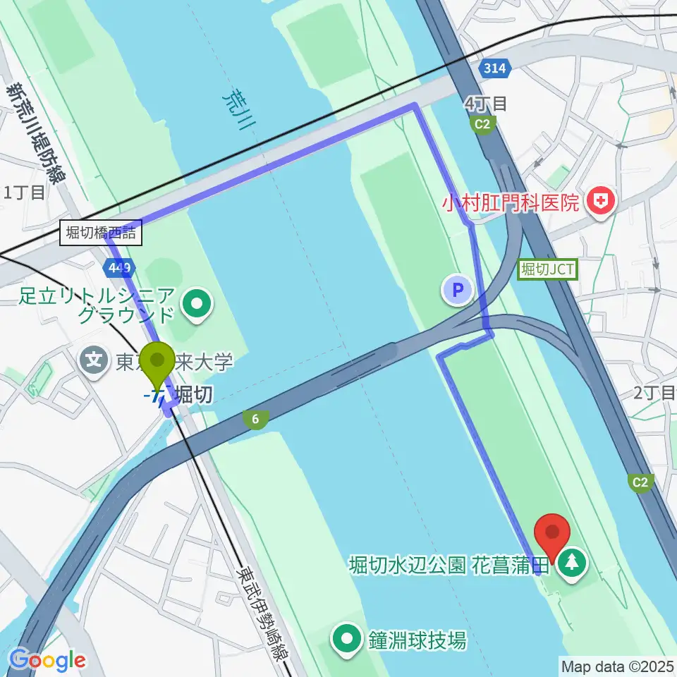 堀切橋少年ソフトボール場の最寄駅堀切駅からの徒歩ルート（約10分）地図