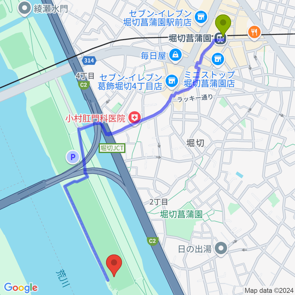 堀切菖蒲園駅から堀切橋少年ソフトボール場へのルートマップ地図