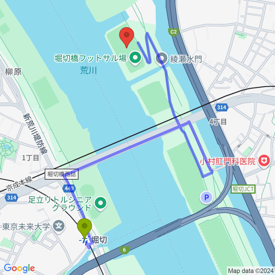 堀切橋少年硬式野球場の最寄駅堀切駅からの徒歩ルート（約11分）地図