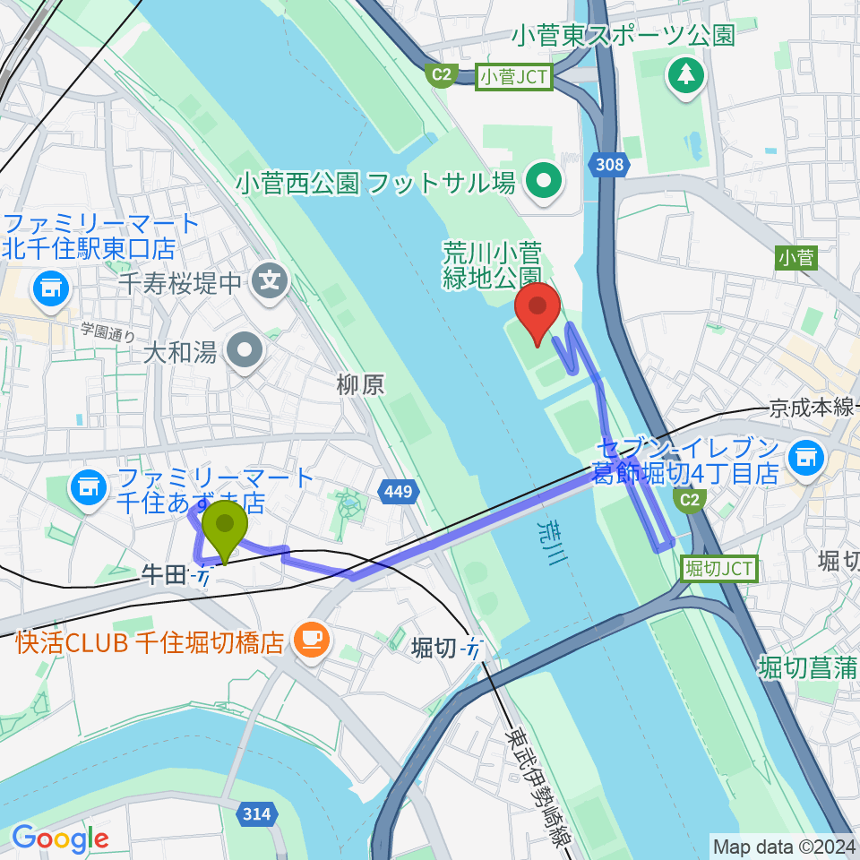 牛田駅から堀切橋少年硬式野球場へのルートマップ地図