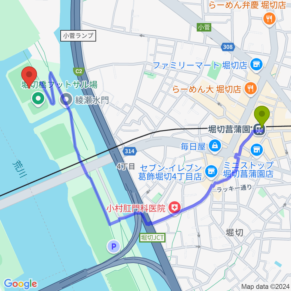 堀切菖蒲園駅から堀切橋少年硬式野球場へのルートマップ地図