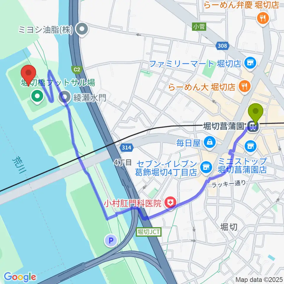 堀切菖蒲園駅から堀切橋少年硬式野球場へのルートマップ地図