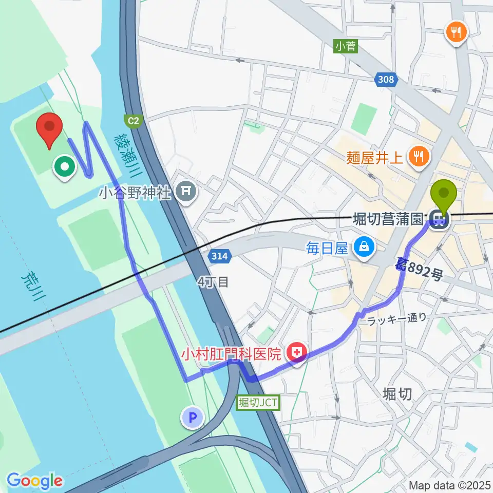 堀切菖蒲園駅から堀切橋少年硬式野球場へのルートマップ地図