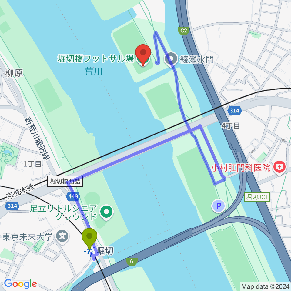 堀切橋フットサル場の最寄駅堀切駅からの徒歩ルート（約10分）地図