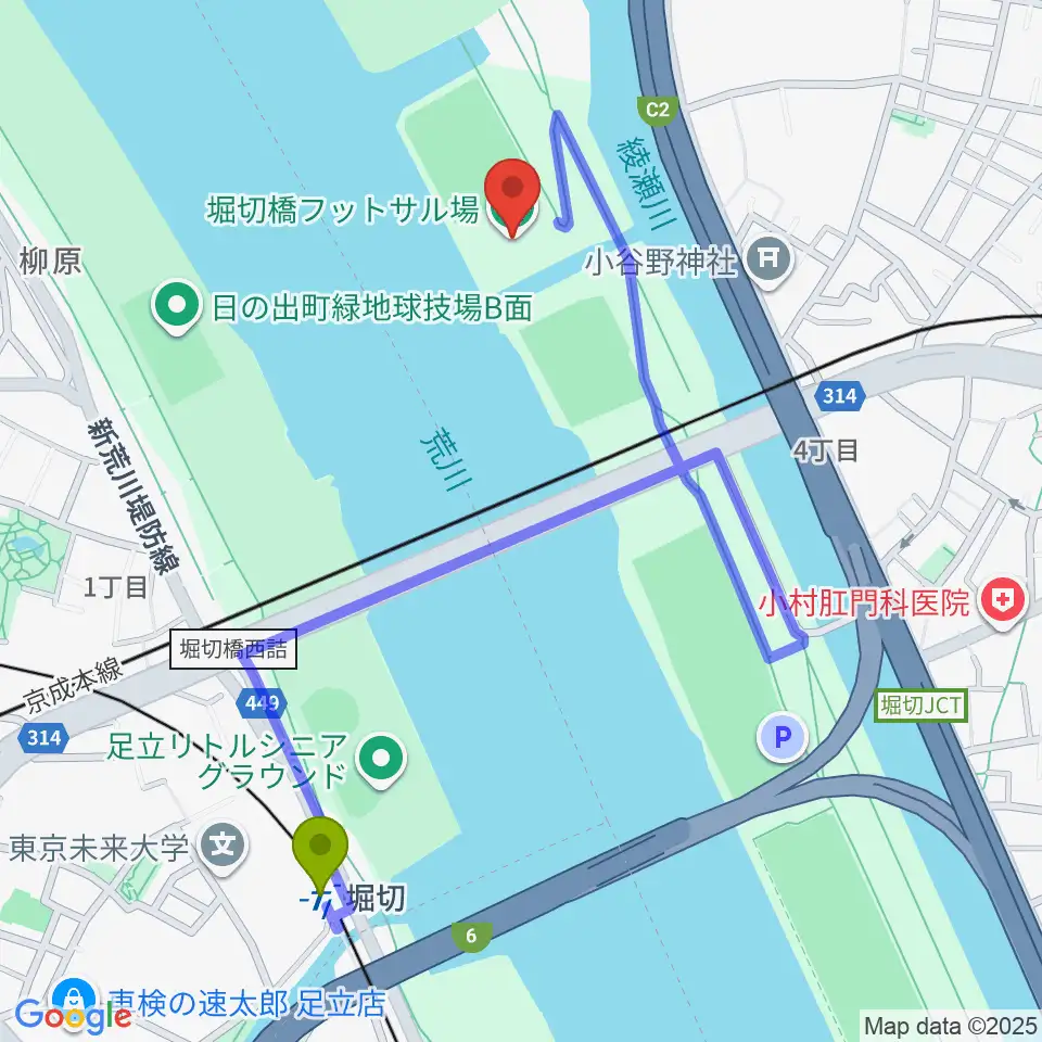 堀切橋フットサル場の最寄駅堀切駅からの徒歩ルート（約10分）地図