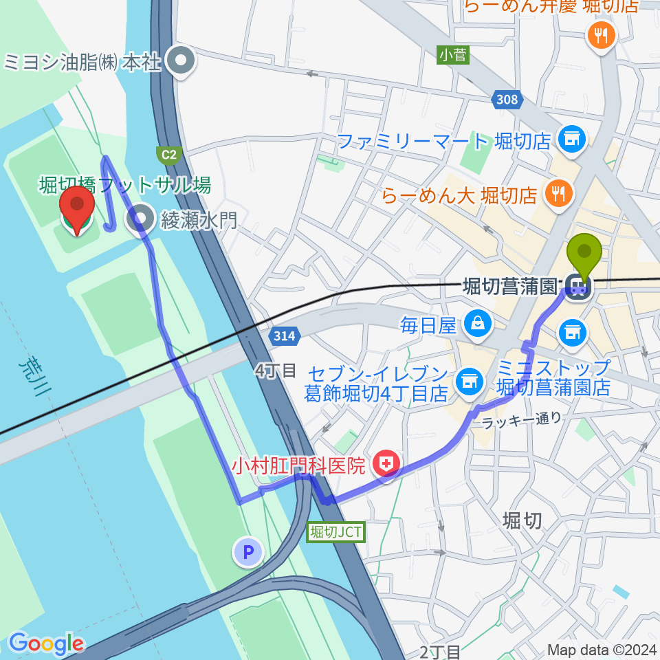 堀切菖蒲園駅から堀切橋フットサル場へのルートマップ地図