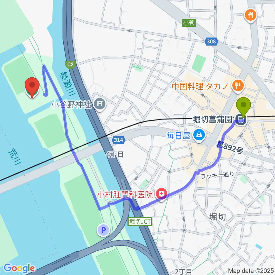堀切菖蒲園駅から堀切橋フットサル場へのルートマップ地図
