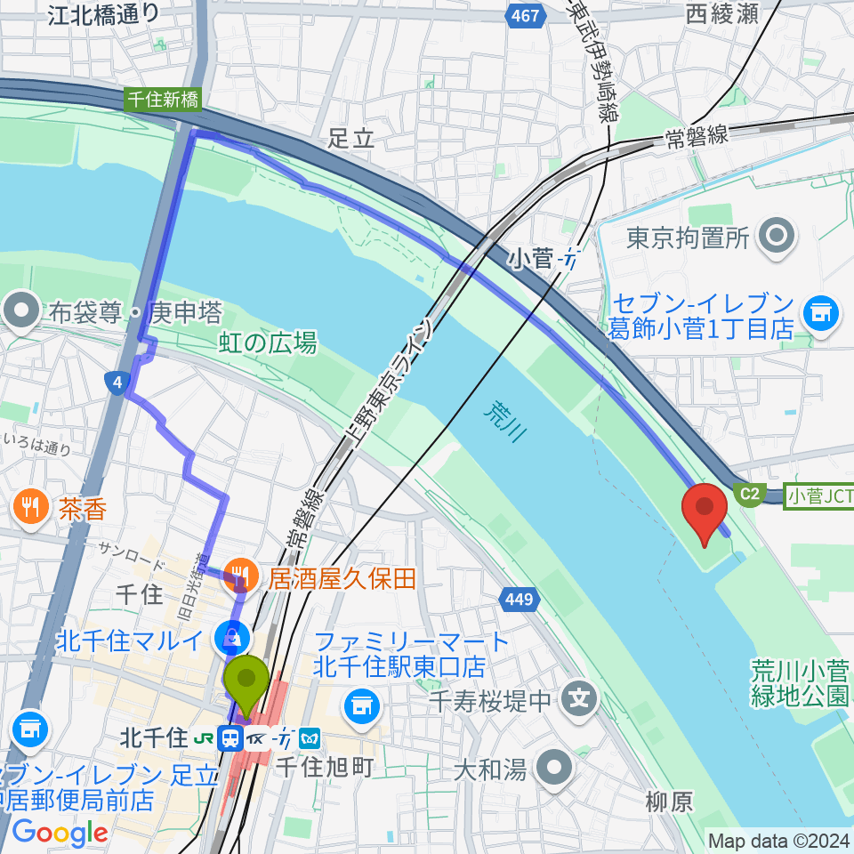 北千住駅から荒川小菅野球場へのルートマップ地図