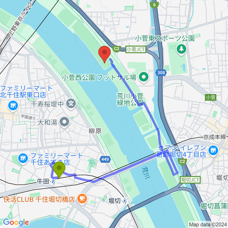 牛田駅から荒川小菅野球場へのルートマップ地図