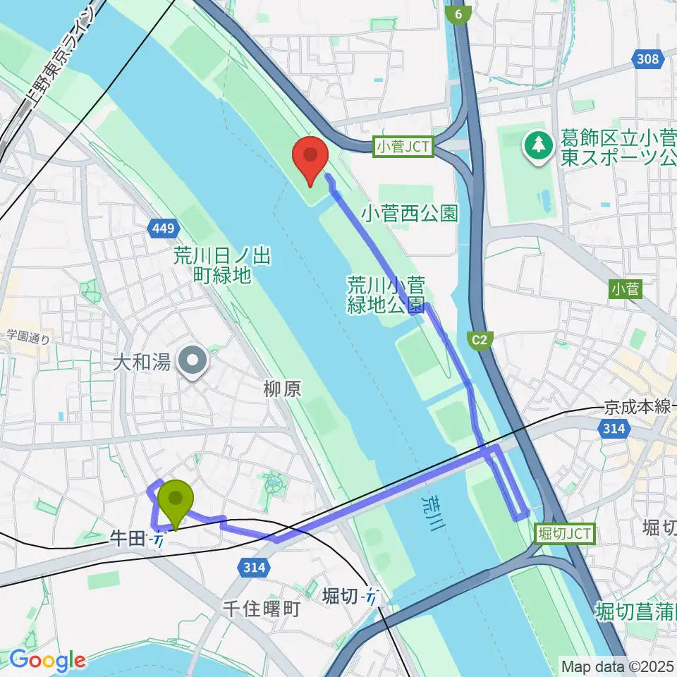 牛田駅から荒川小菅野球場へのルートマップ地図