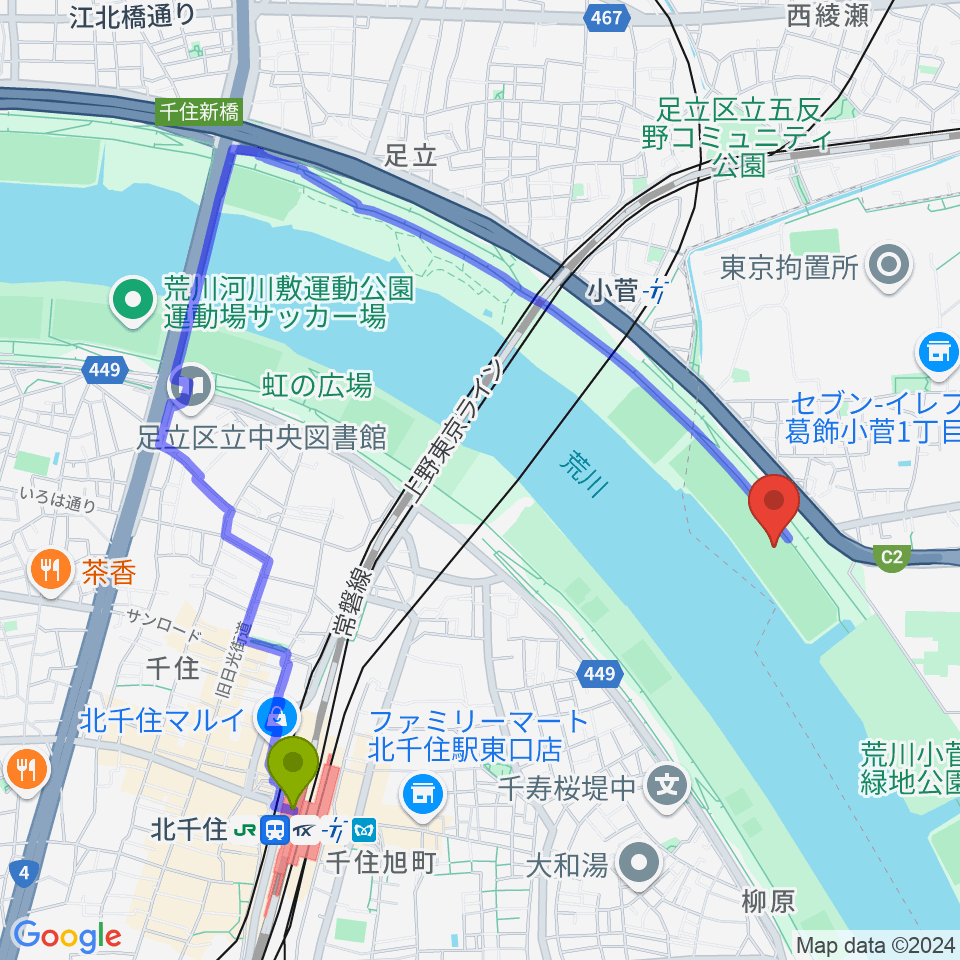 北千住駅から荒川小菅少年野球場へのルートマップ地図