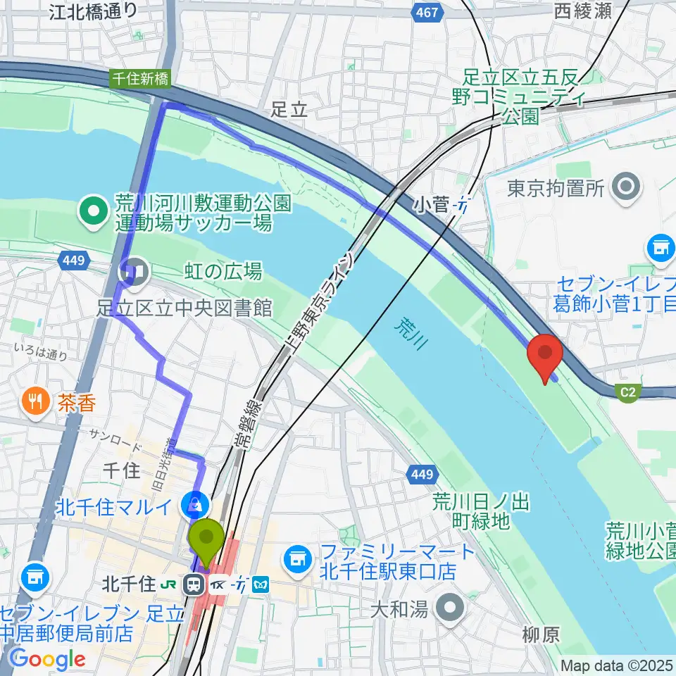 北千住駅から荒川小菅少年野球場へのルートマップ地図