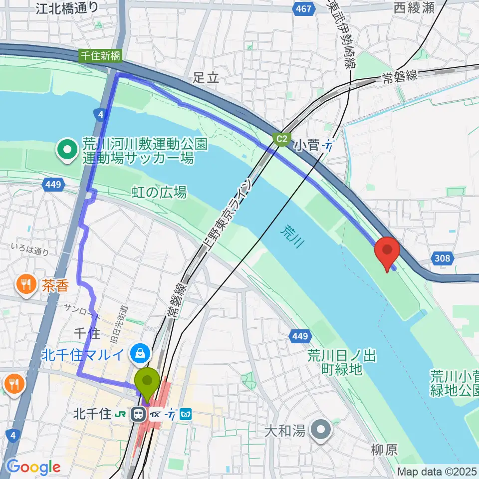 北千住駅から荒川小菅少年野球場へのルートマップ地図