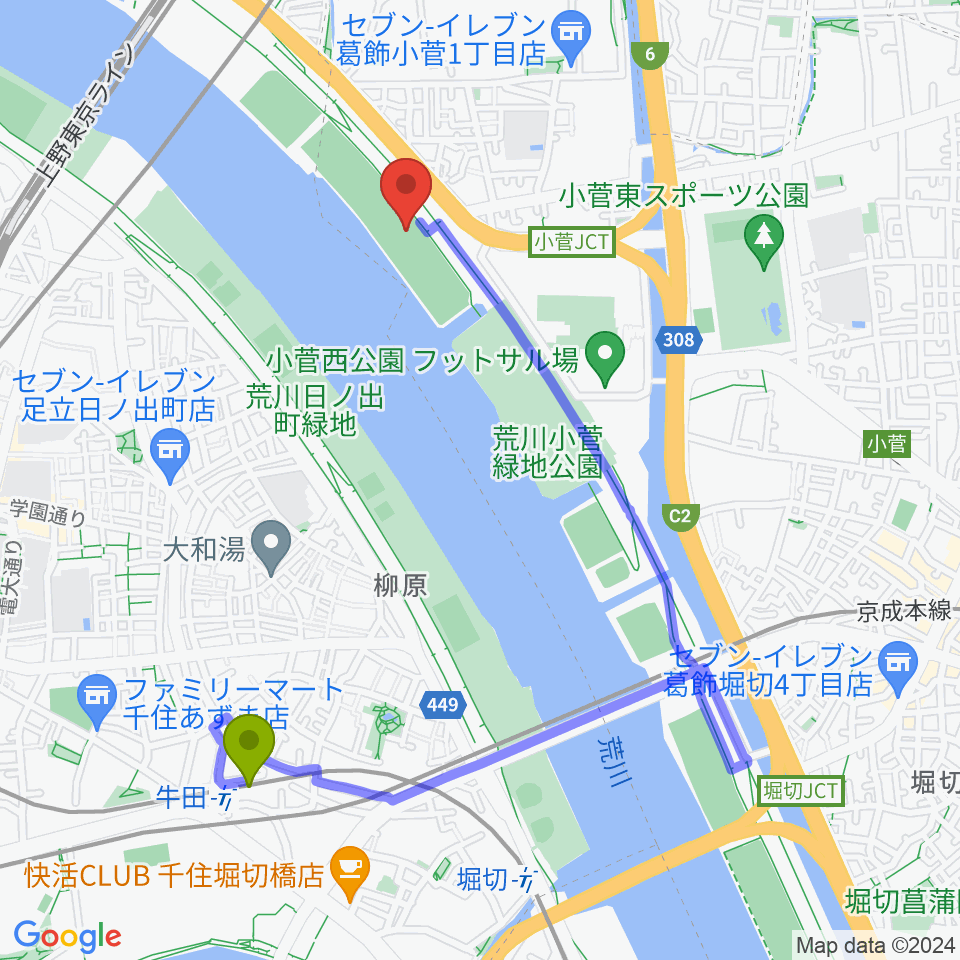 牛田駅から荒川小菅少年野球場へのルートマップ地図